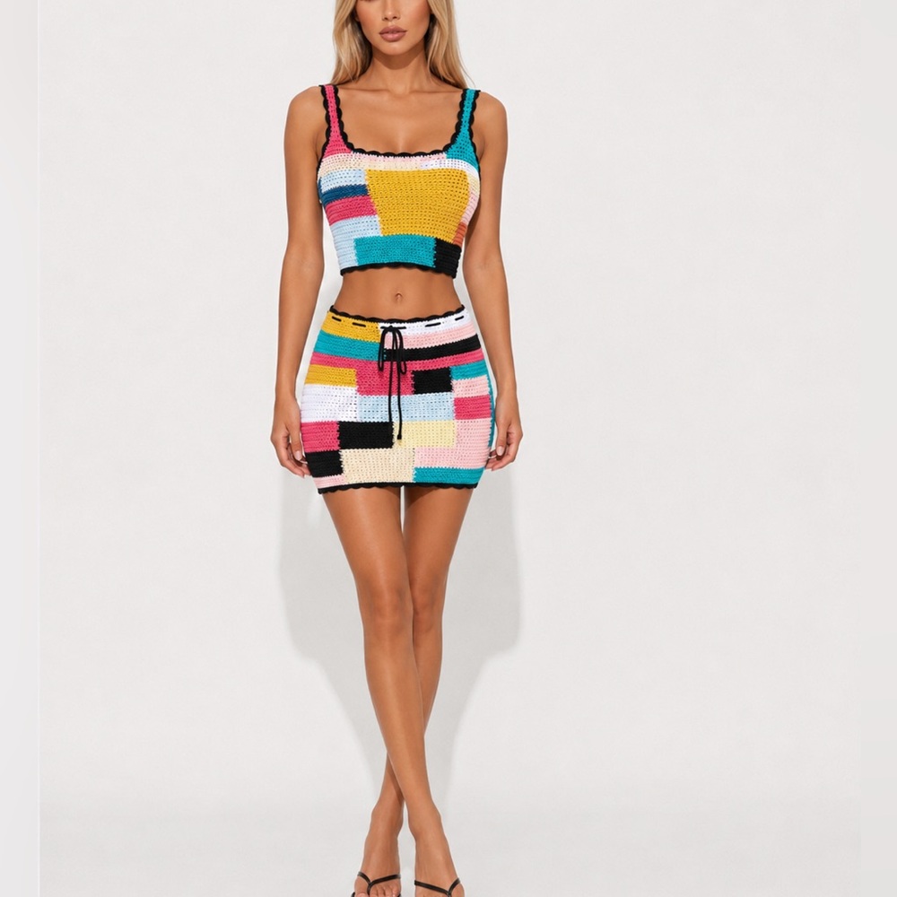 Colorblock Crochet Two-Piece Set. Skirt & Top. Multicolor